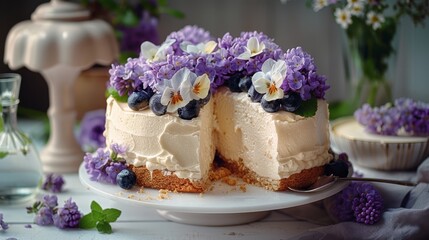   A tight shot of a cake on a plate, adorned with purple flowers and blueberries atop