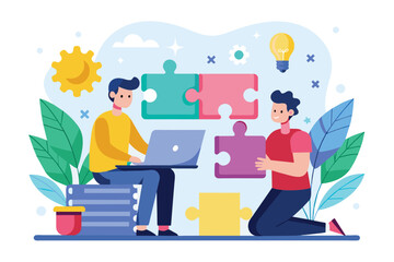 Two individuals seated on a large pile of puzzle pieces, learn to solve puzzles onlinelearn to solve puzzles online, Simple and minimalist flat Vector Illustration