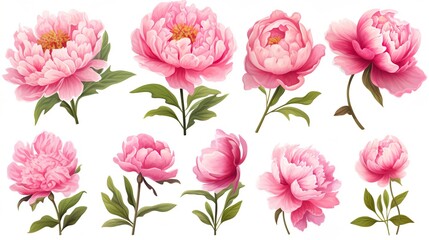 A collection depicting variations of peonies in full bloom, showcasing intricate botanical details