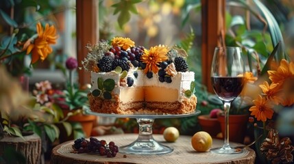   A cake sits atop a wooden table, nearby lies a glass of wine and a vase brimming with flowers