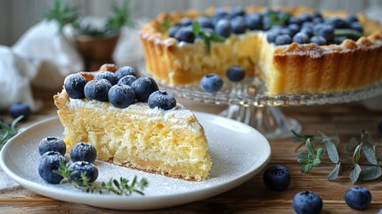   A tight shot of a sliced cake on a plate, adorned with blueberries Background includes a whole cake