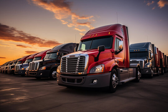 A row of semi trucks parked in a parking lot on sunset. Many trucks in panoramic image.