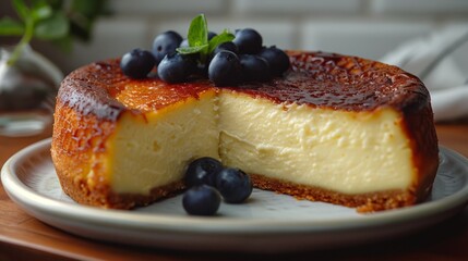   A cheesecake, sliced, on a plate with blueberries adjacent