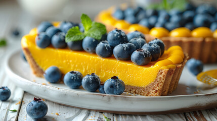   A tight shot of a dessert on a plate, adorned with blueberries and slices of lemon nearby