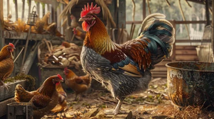 Draagtas a hen in daylight, highlighting the vibrant hues of its comb and wattle amidst the lively atmosphere of a chicken coop, capturing the essence of curiosity. © lililia