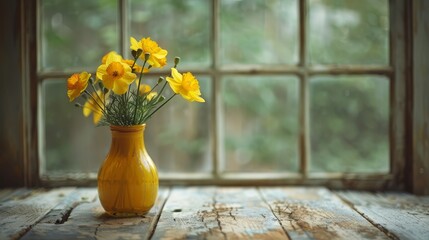   A vase, holding yellow flowers, rests atop a wooden table Nearby, a window features a pane of glass