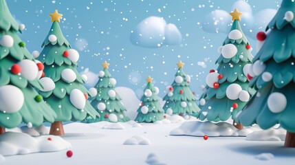 3d cartoon christmas trees and snow.