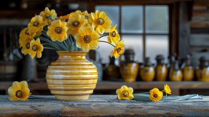   A wooden table holds a vase filled with yellow flowers, accompanied by other vases, likewise filled with these bright blooms