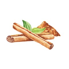 Two cinnamon sticks with green leaves food watercolour composition.