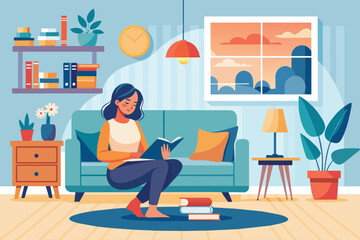 A woman is seated on a couch, engrossed in reading a book, Living room interior woman sitting relaxing and studying, Simple and minimalist flat Vector Illustration