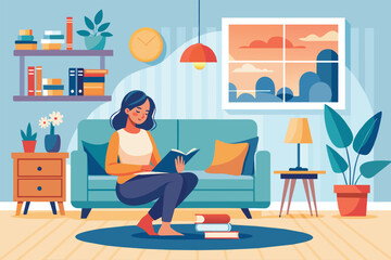 Fototapeta premium A woman is seated on a couch, engrossed in reading a book, Living room interior woman sitting relaxing and studying, Simple and minimalist flat Vector Illustration