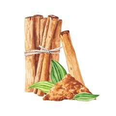 Cinnamon sticks with green leaves watercolour illustration 