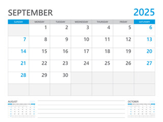 September 2025 year, Calendar planner 2025 and Set of 12 Months, week start on Sunday. Desk calendar 2025 design, simple and clean design, Wall calendar, Corporate design planner template vector