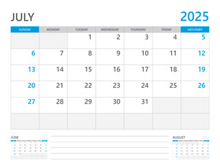 July 2025 year, Calendar planner 2025 and Set of 12 Months, week start on Sunday. Desk calendar 2025 design, simple and clean design, Wall calendar, Corporate design planner template vector