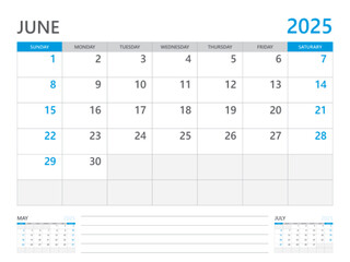 June 2025 year, Calendar planner 2025 and Set of 12 Months, week start on Sunday. Desk calendar 2025 design, simple and clean design, Wall calendar, Corporate design planner template vector