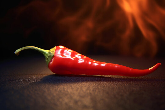 Thin hot red pepper on table on black abstract background with flame.