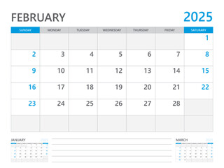 February 2025 year, Calendar planner 2025 and Set of 12 Months, week start on Sunday. Desk calendar 2025 design, simple and clean design, Wall calendar, Corporate design planner template vector