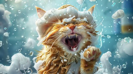 caricature of a singing happy cat with a shower cap soaps itself with a sponge - obrazy, fototapety, plakaty