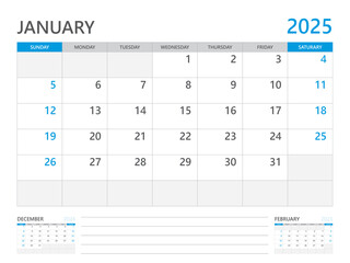 January 2025 year, Calendar planner 2025 and Set of 12 Months, week start on Sunday. Desk calendar 2025 design, simple and clean design, Wall calendar, Corporate design planner template vector