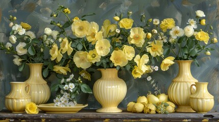   A shelf displays yellow and white flowers in yellow vases, surrounded by similar blooms in the backdrop