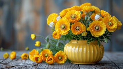   A yellow vase, brimming with sunny yellow blooms, rests atop a weathered wooden table Nearby sit additional yellow and white blossoms