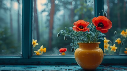   A vase holding red and yellow blooms sits by the window, nearby, a forest teeming with red and yellow flowers