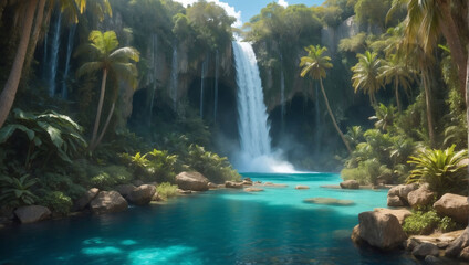 Aqua Oasis, Breathtaking Waterfall Gushing with Turquoise Waters