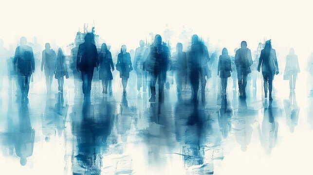 A group of people walking in a line with blue and white paint, AI