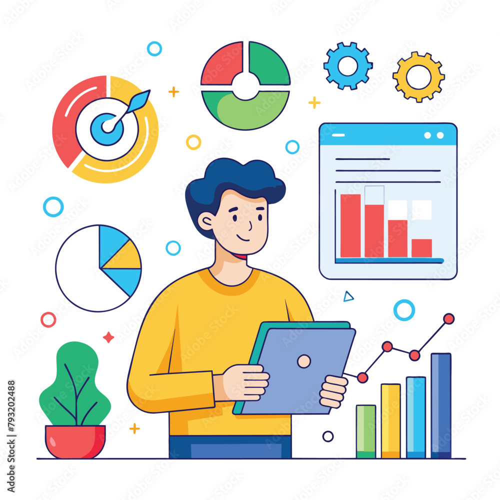 Poster a man in casual attire holds a tablet while examining a colorful chart displayed on the screen, look