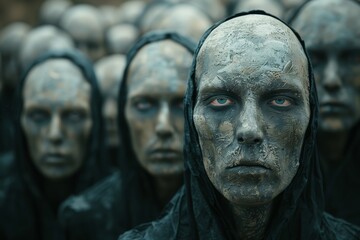 A group of hooded zombies assemble, creating a visual arts event in darkness