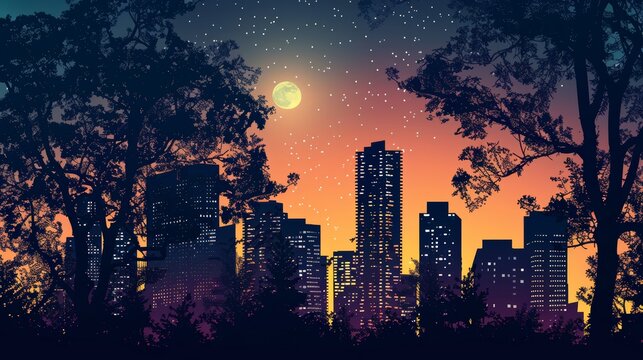 Vector illustration of an urban silhouette with a moonlit sky.