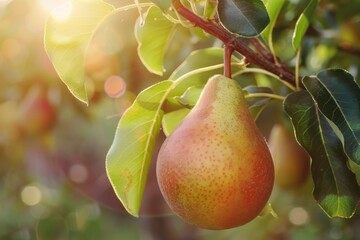 Fresh ripe pear growing on tree in sunny orchard garden during harvest season on a beautiful day