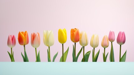 A neatly arranged row of tulips in multiple colors set against a complementary pastel backdrop emphasizes simplicity and elegance