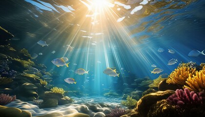 underwater scene with raise of light - obrazy, fototapety, plakaty
