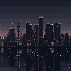 A city skyline at night with many lights on