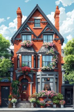 A painting of a large house with flowers on the windows, AI