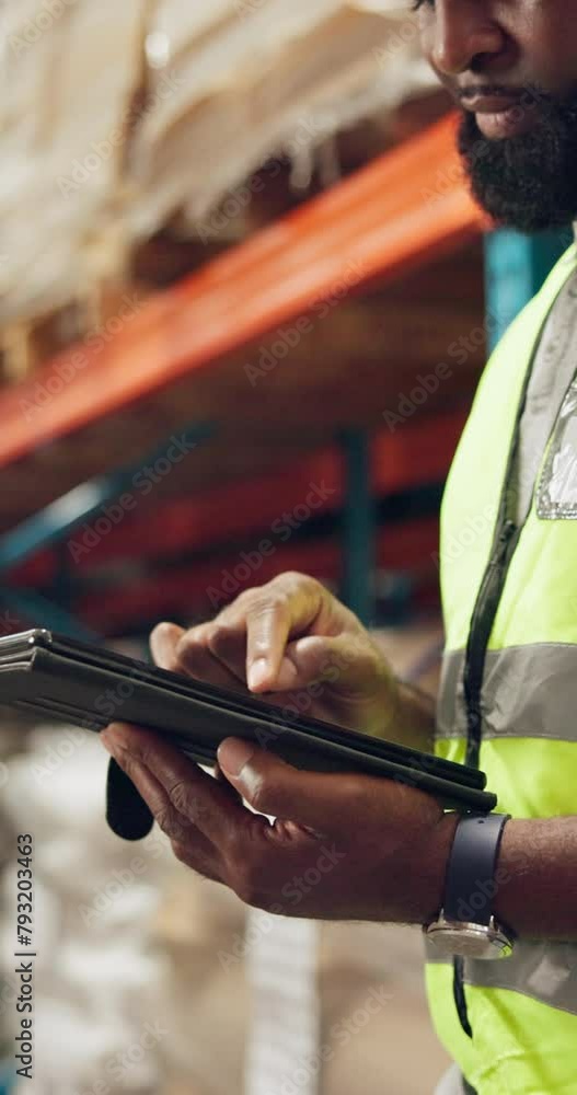 Poster Inventory, logistics and man in warehouse with tablet, checklist and planning storage of stock. Factory, distribution and employee with tech to track and update package, order and industry shipping