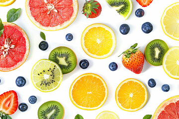 Fruit Fiesta: A Colorful Assortment of Sliced Citrus and Berries on White