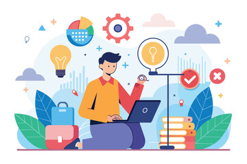 Man Typing on Laptop in Front of Light Bulb, Looking for solutions to increase productivity concept, Simple and minimalist flat Vector Illustration