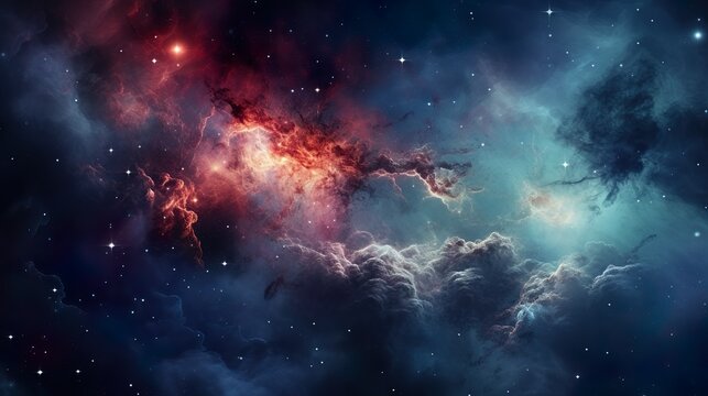 Richly colored space scene with intricate cloud formations surrounded by scattered stars