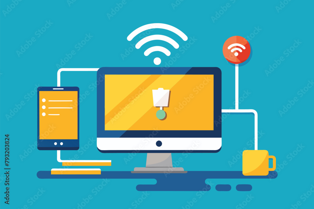 Poster modern flat screen computer on desk, lost wireless connection or disconnected cable, maintenance sys