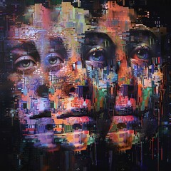 A painting of two faces with a blurry background - obrazy, fototapety, plakaty