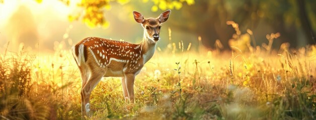 a precious deer standing tall in a vast, golden field, evoking a sense of wonder and admiration. - obrazy, fototapety, plakaty