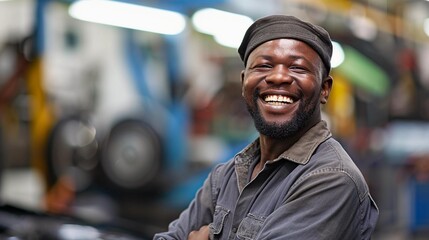 Black smiling car mechanic