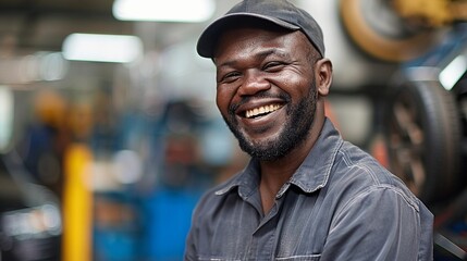 Black smiling car mechanic