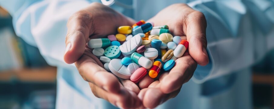 Healthcare professional presenting a palm full of various pills and capsules. Medical and pharmaceutical concept