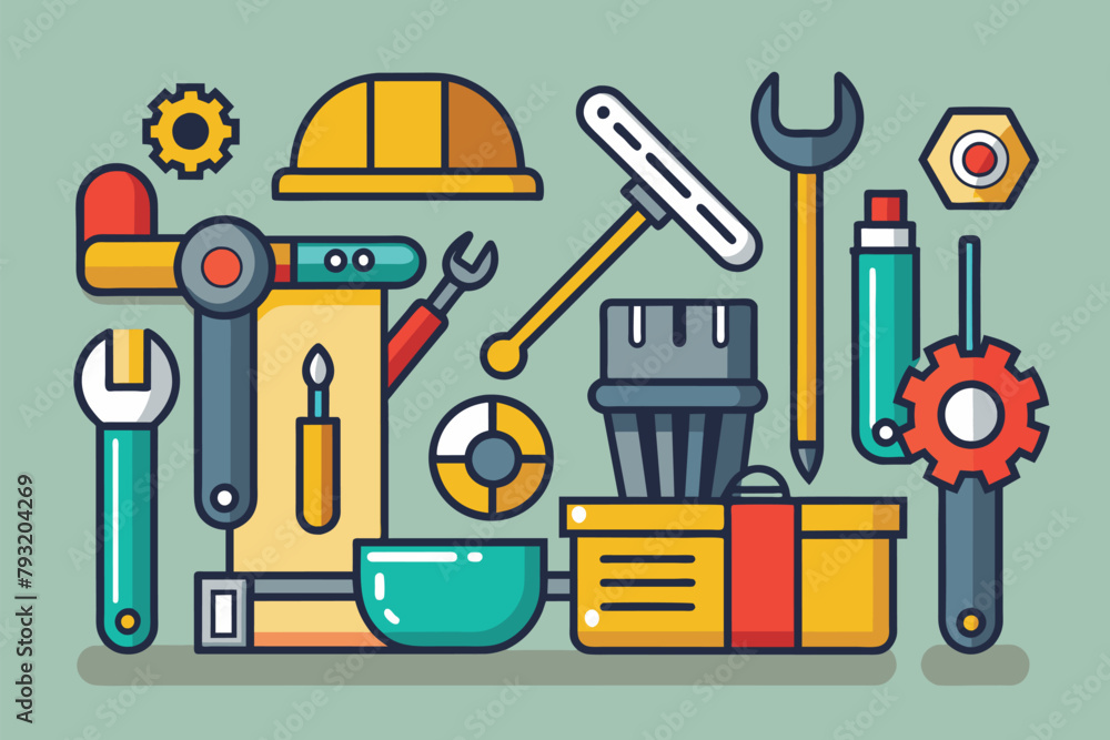 Poster various tools neatly arranged on a table in a simple and minimalist setup, maintenance, simple and m