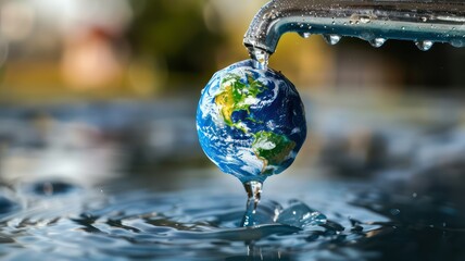 Planet earth coming out of a water tap as huge water drop created with Generative AI - obrazy, fototapety, plakaty