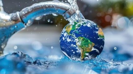 Planet earth coming out of a water tap as huge water drop created with Generative AI