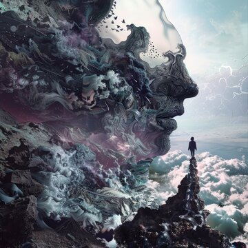 A surreal visualization of virtual reality, with human figures exploring bizarre, distorted landscapes that blend digital and organic elements. 